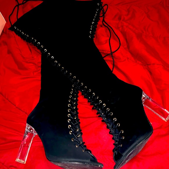 Black Thigh High Clear Heel Boots 